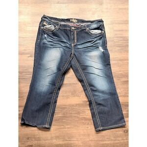 Reign Curvy Capri Jeans Womens 18 Dark Wash Distressed Embroidered Stretch Denim